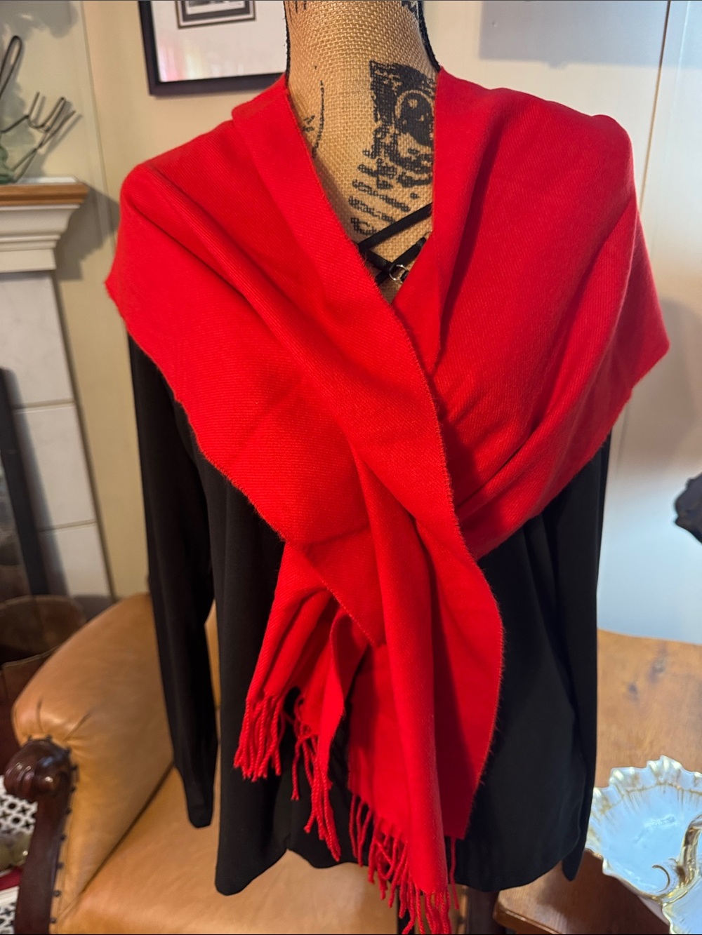 Women's Red cashmere Fringe Wrap Shawl - Elegant Layering